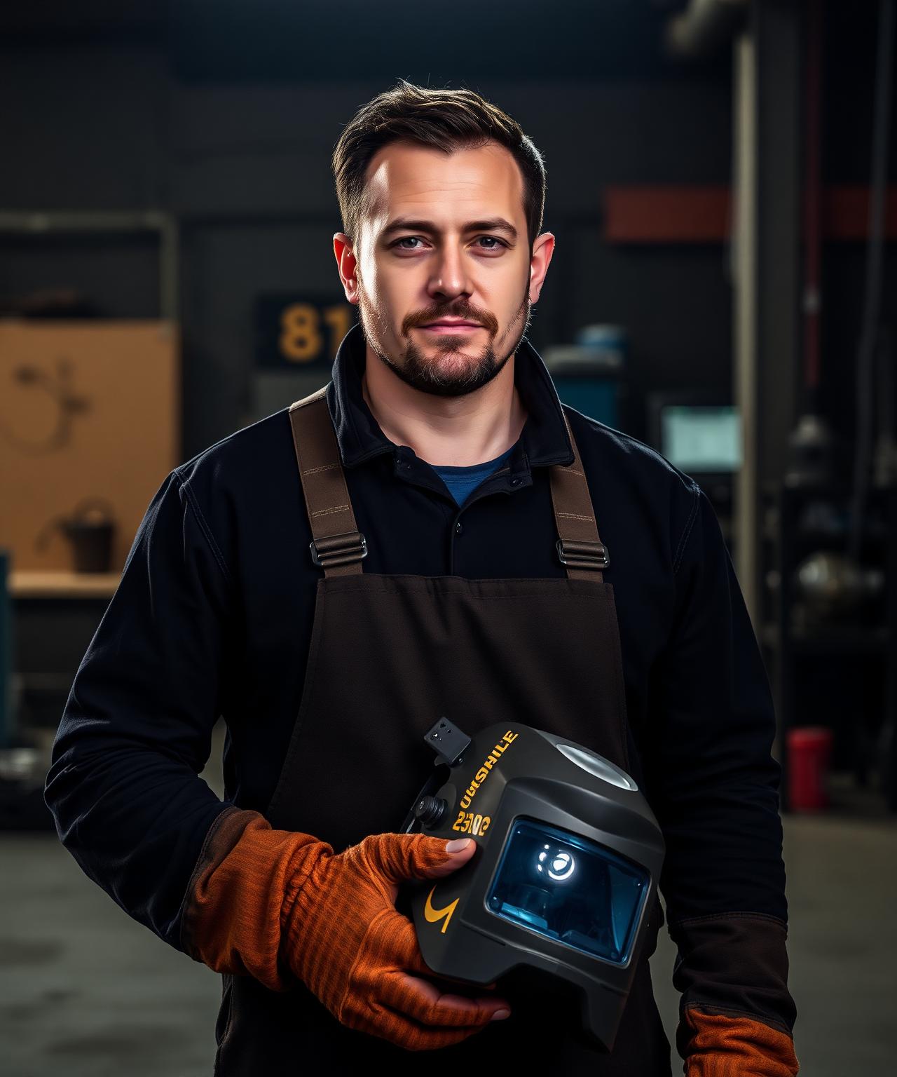 Professional welder with helmet and gear